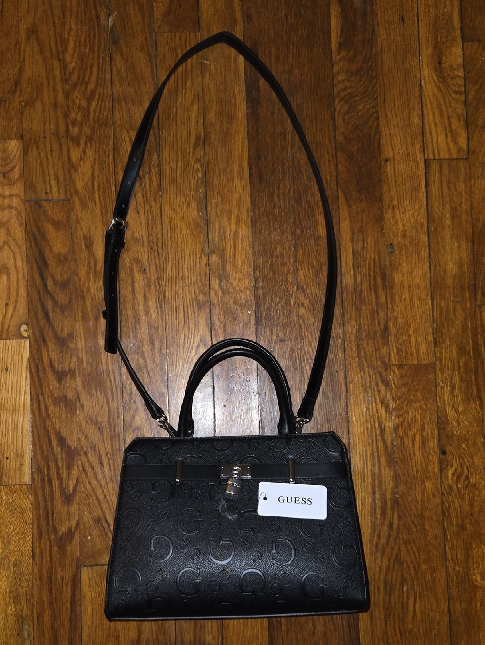 Guess Ophelea Satchel - Black Faux Leather Embossed Logo